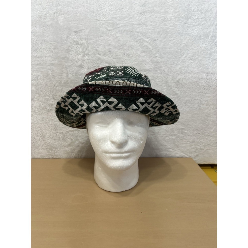 Vintage Boho Tribal Bucket Hat Green Burgundy Thailand Cotton Lined (bin02)